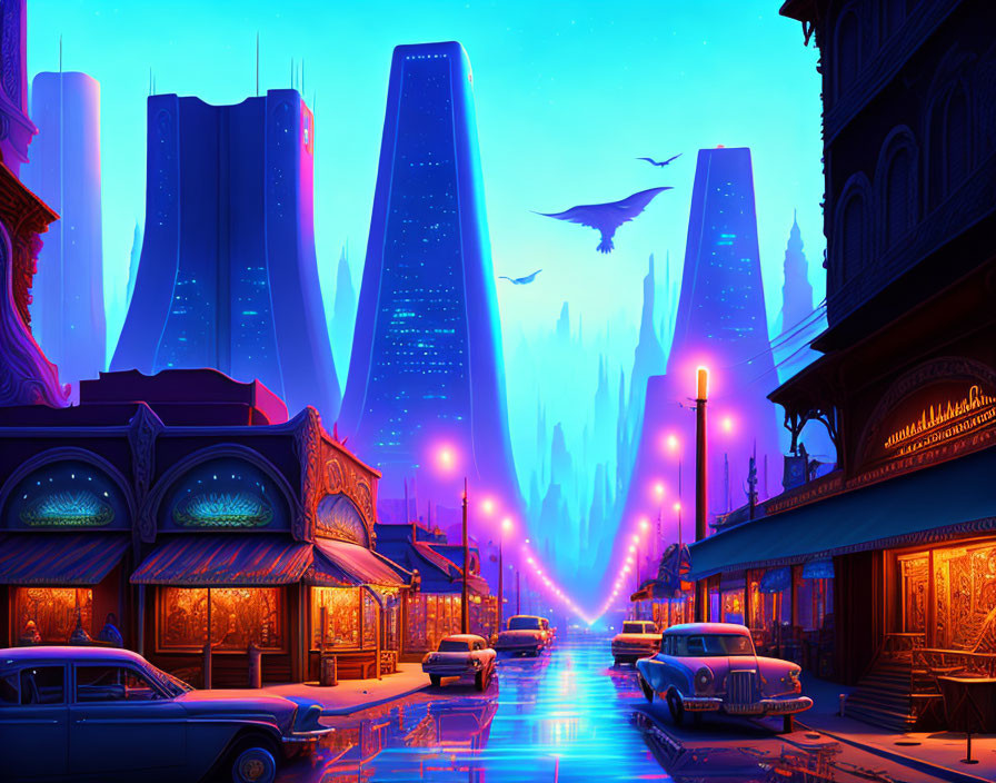 Futuristic cityscape at dusk with neon lights, classic cars, flying creatures, and skyscrap