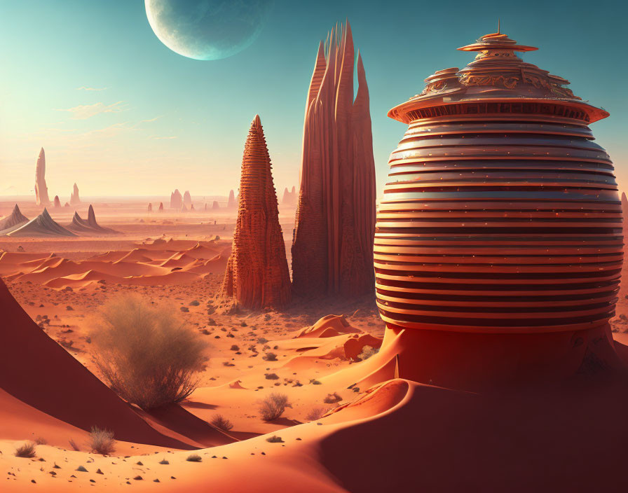 Futuristic desert landscape with red rock formations and large dome building