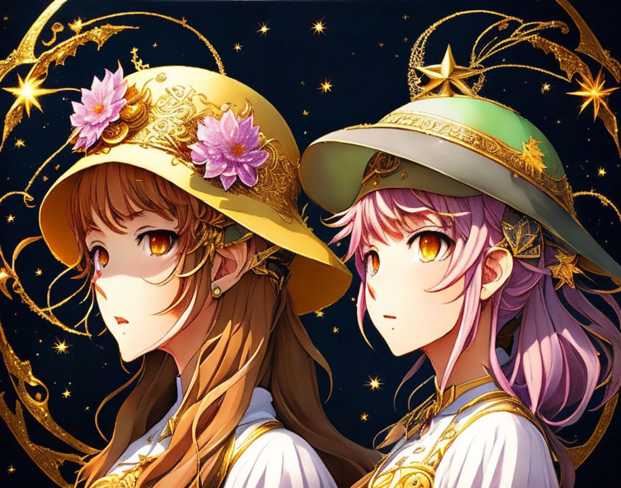 Anime-style girls with elaborate star and flower hats on starry background