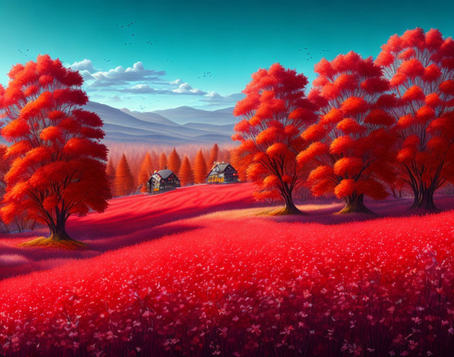 Colorful landscape with red foliage trees, field of red flowers, houses, and purple mountains.