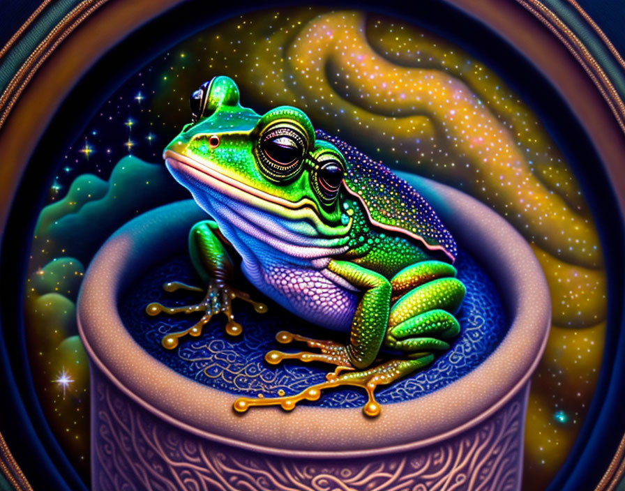 Colorful Stylized Image: Green Frog with Smaller Frog on Head in Cosmic Setting