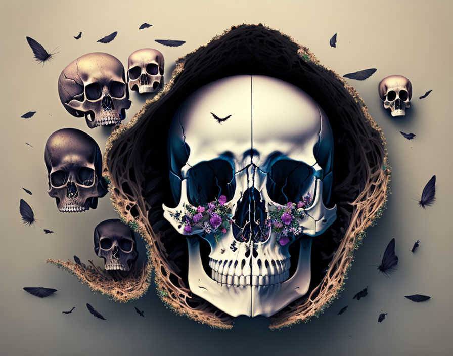 Surreal image of large skull in flower nest with scattered skulls and feathers