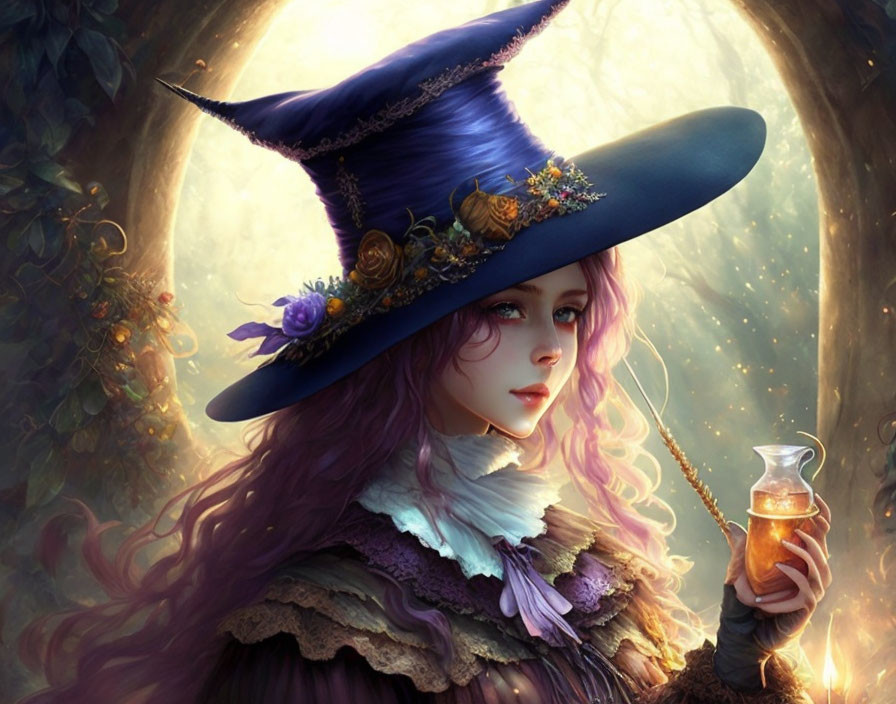 Fantasy witch with purple hair holding potion in enchanted forest