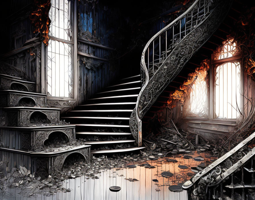 Dilapidated interior with ornate staircase, fallen leaves, broken floorboards