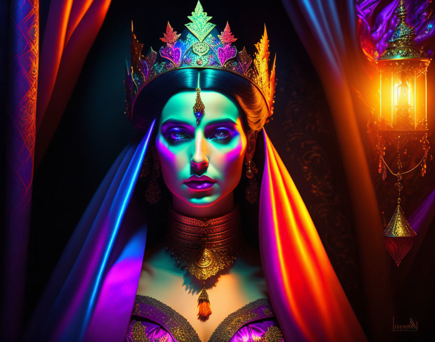 Vibrant portrait of woman with regal crown, neon lights, and dark background