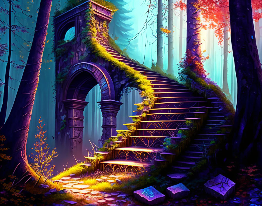 Mystical stone archway and staircase in enchanted forest