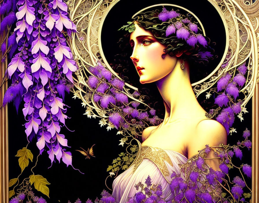 Art Nouveau-style woman with dark hair and purple flowers