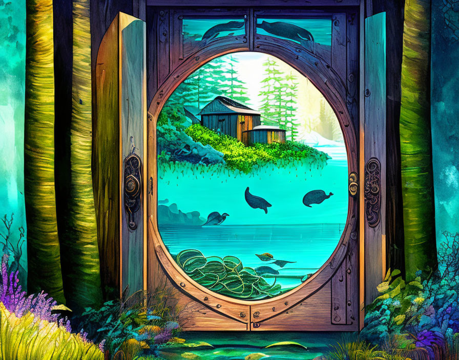 Circular doorway to serene forest with lake and cabin