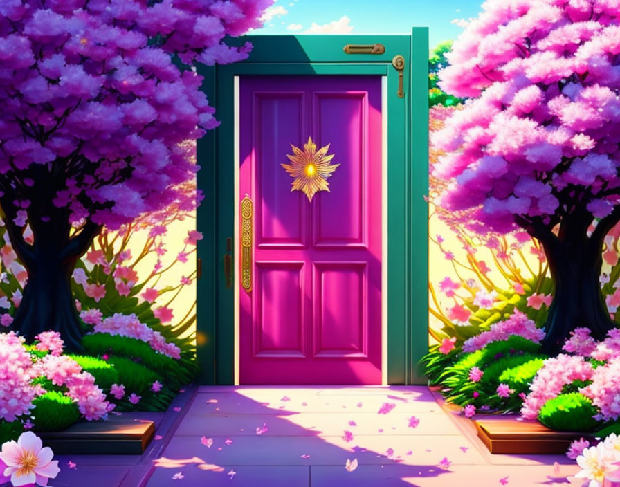 Pink door framed by lush trees and purple blossoms in vibrant illustration