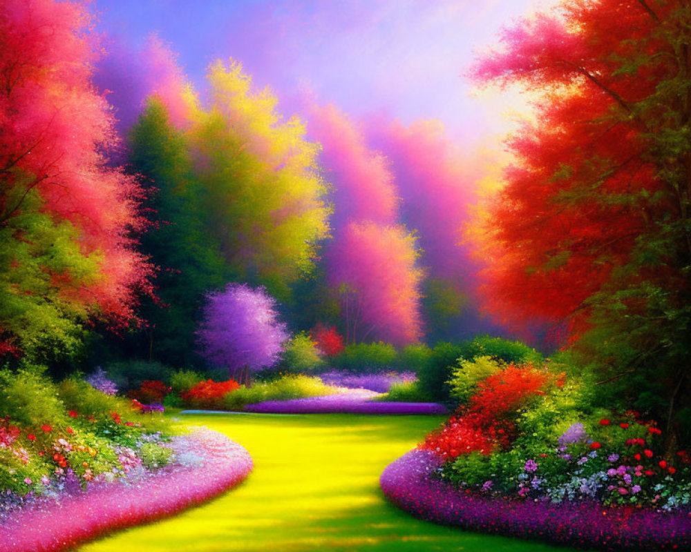 Colorful Garden with Yellow Path and Lush Trees