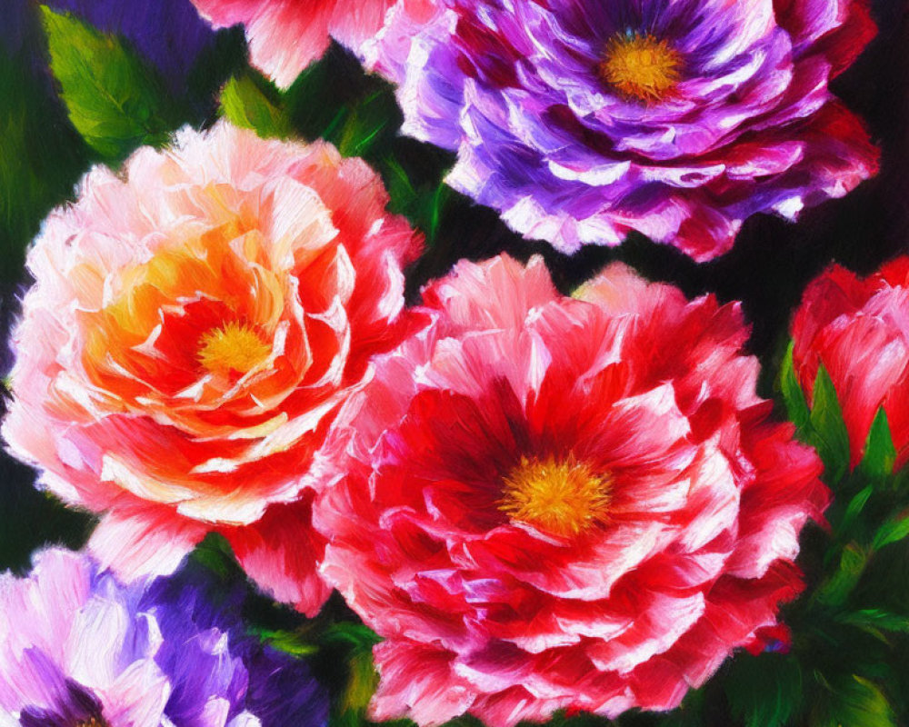 Vibrant Flower Painting with Pink, Red, & Purple Petals