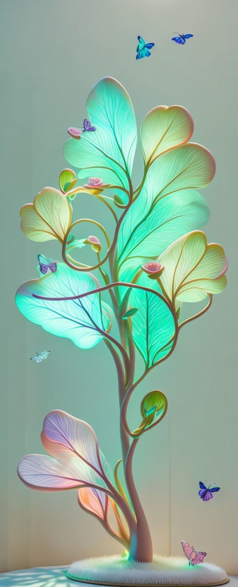 Vibrant tree sculpture with translucent green and pink leaves and butterfly figures on pale backdrop