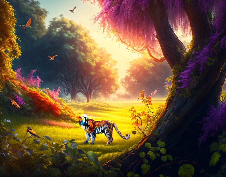 Colorful Tiger in Magical Forest with Purple Trees and Sunlight