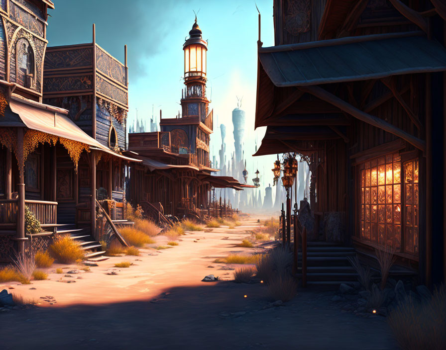 Digital artwork: Sunlit street with wooden buildings and futuristic skyline