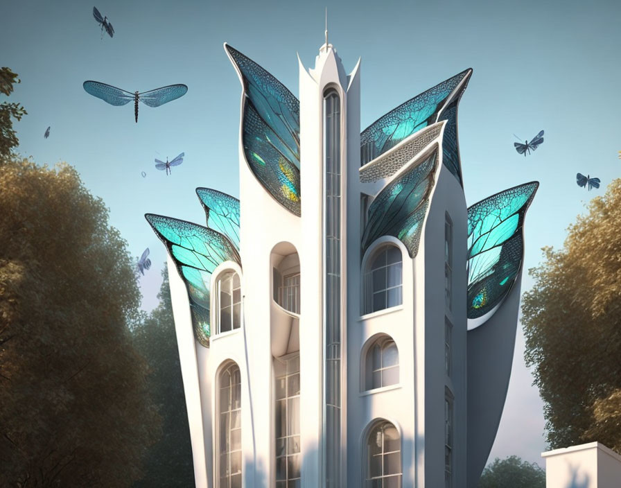 Futuristic building with butterfly wing-like structures in serene nature.