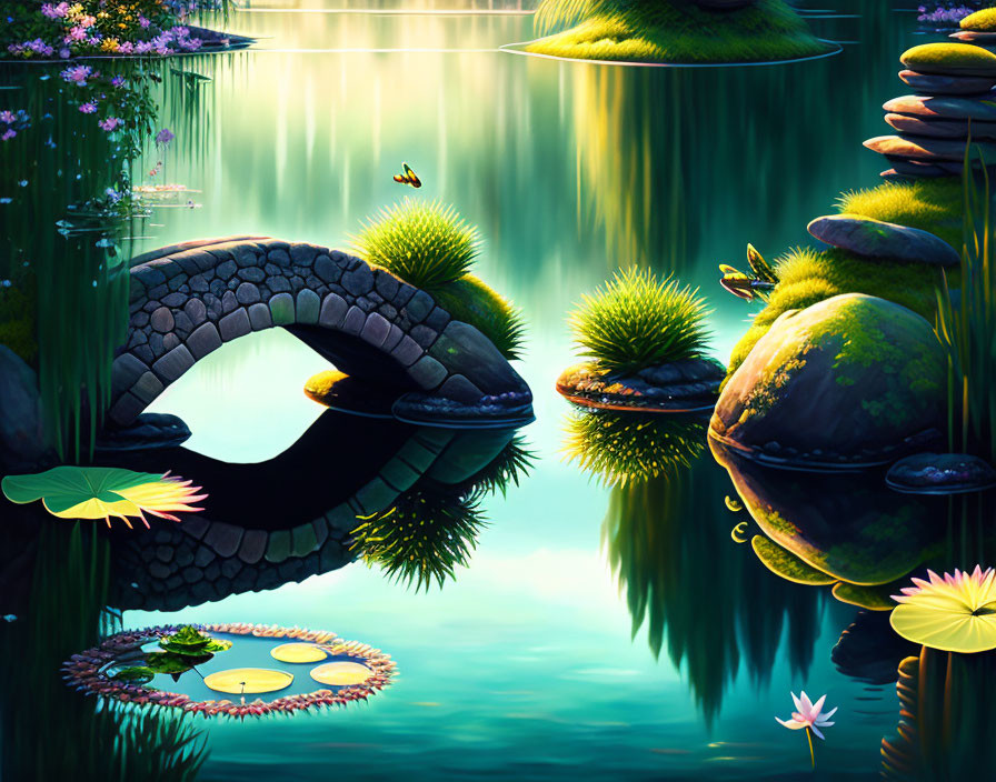 Twilight fantasy pond with glowing flowers, lily pads, stone bridge, and butterfly