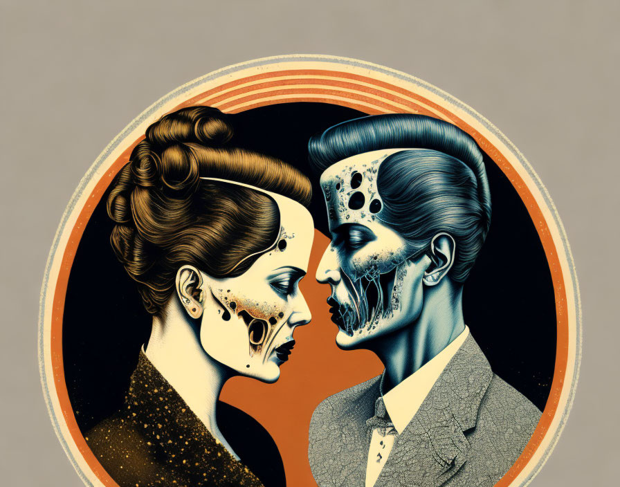 Man and woman with skeletal features on faces against orange backdrop