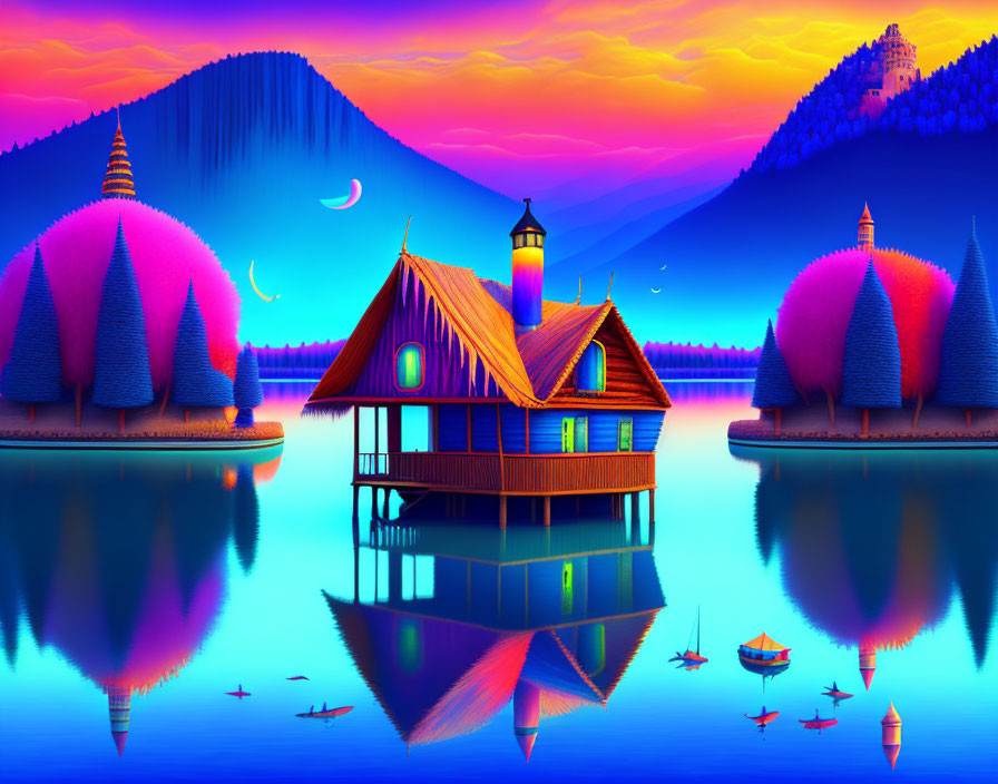 Colorful digital artwork: House on stilts near reflective lake, vibrant trees, hills, sunset sky