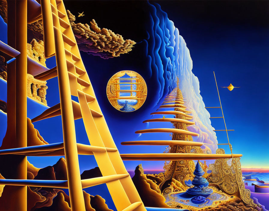 Surreal artwork: Wavy division, golden stairs, blue oceanic scene, circular portal