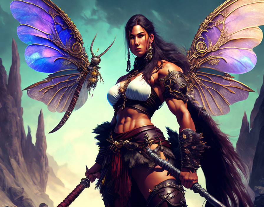 Fantasy warrior with butterfly wings and bee in rocky landscape