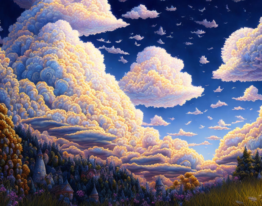 Whimsical landscape painting with intricate clouds and colorful trees