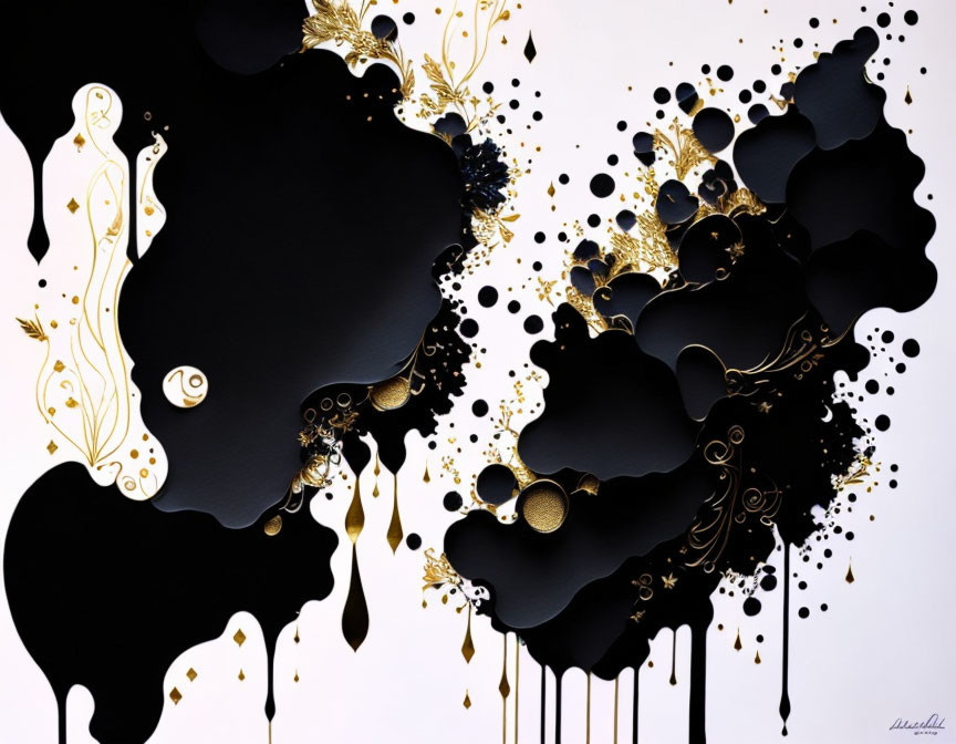 Black and Gold Ink Blots with Ornate Gold Leaf Patterns on White Background