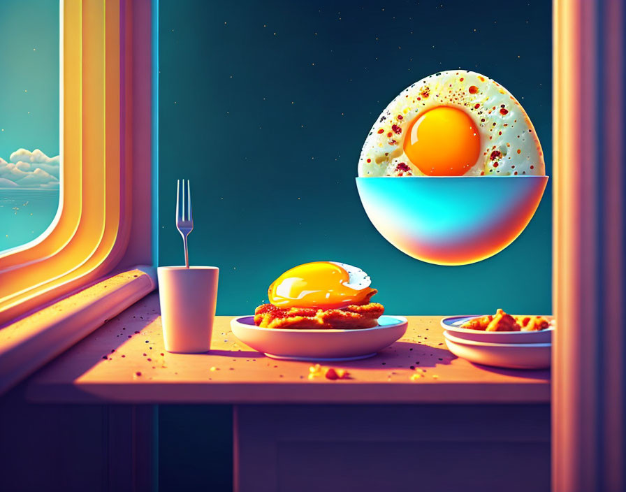 Surreal fried egg sunset scene with matching egg on plate