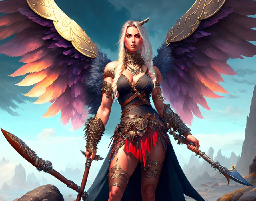 Female warrior with angelic wings and spear in armored attire against dramatic sky.