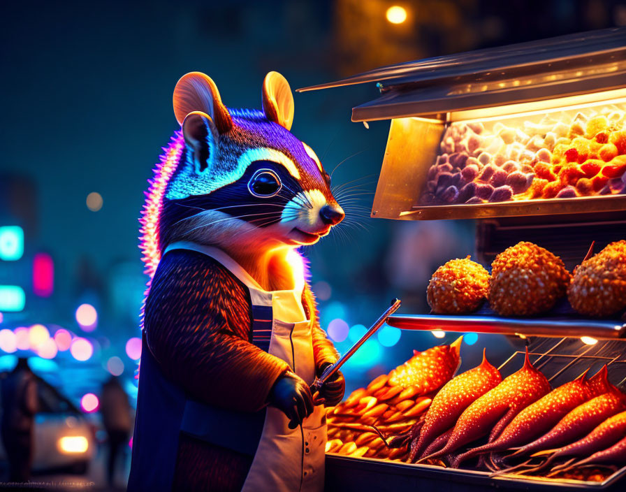 Anthropomorphic chipmunk vendor sells street food under neon lights