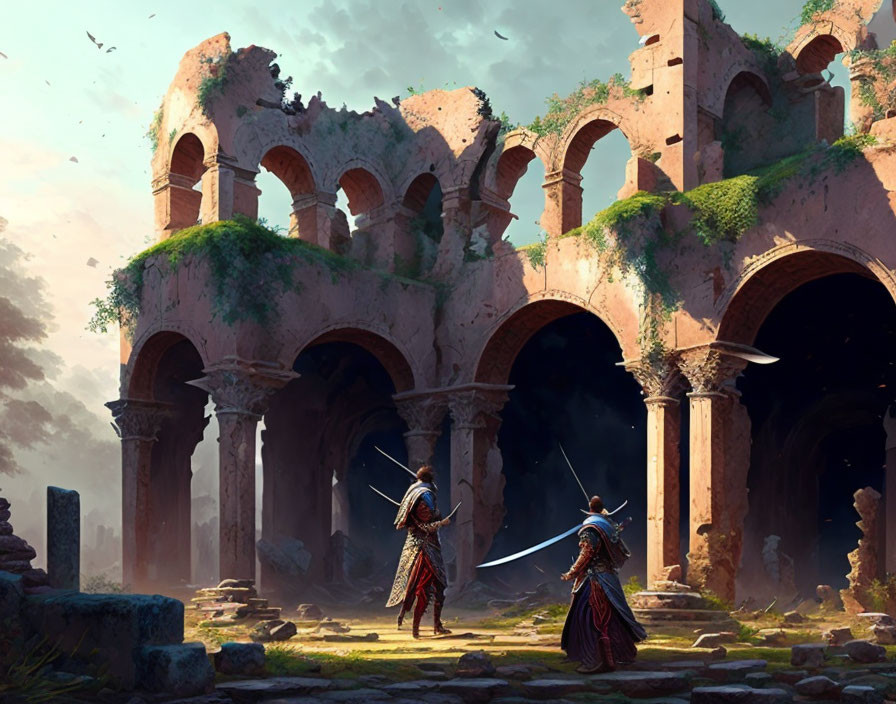 Historical duel with swords in ancient ruins under soft-lit sky