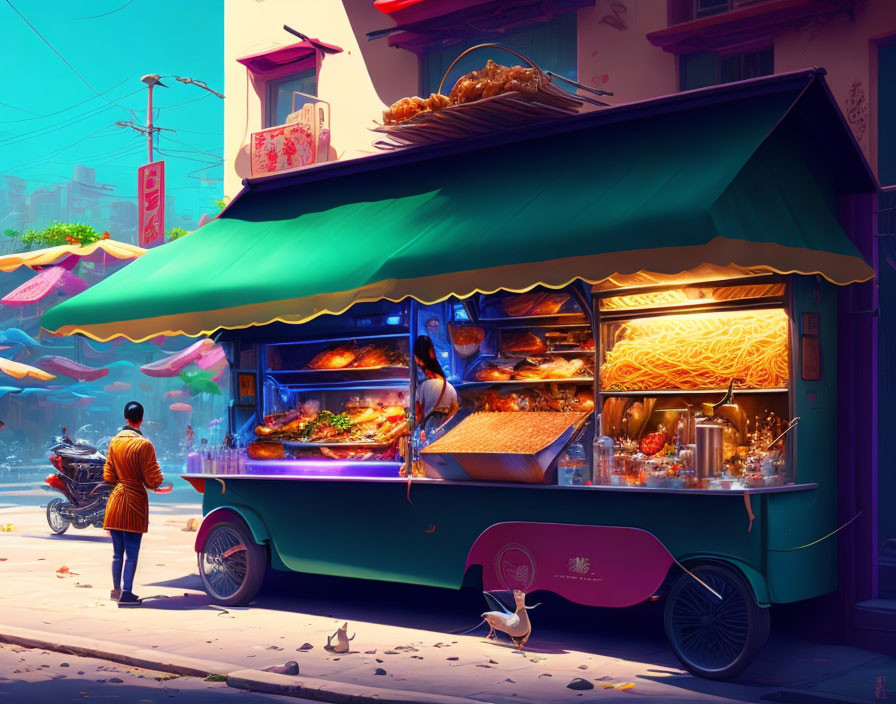 Colorful Street Food Cart with Man in Urban Setting