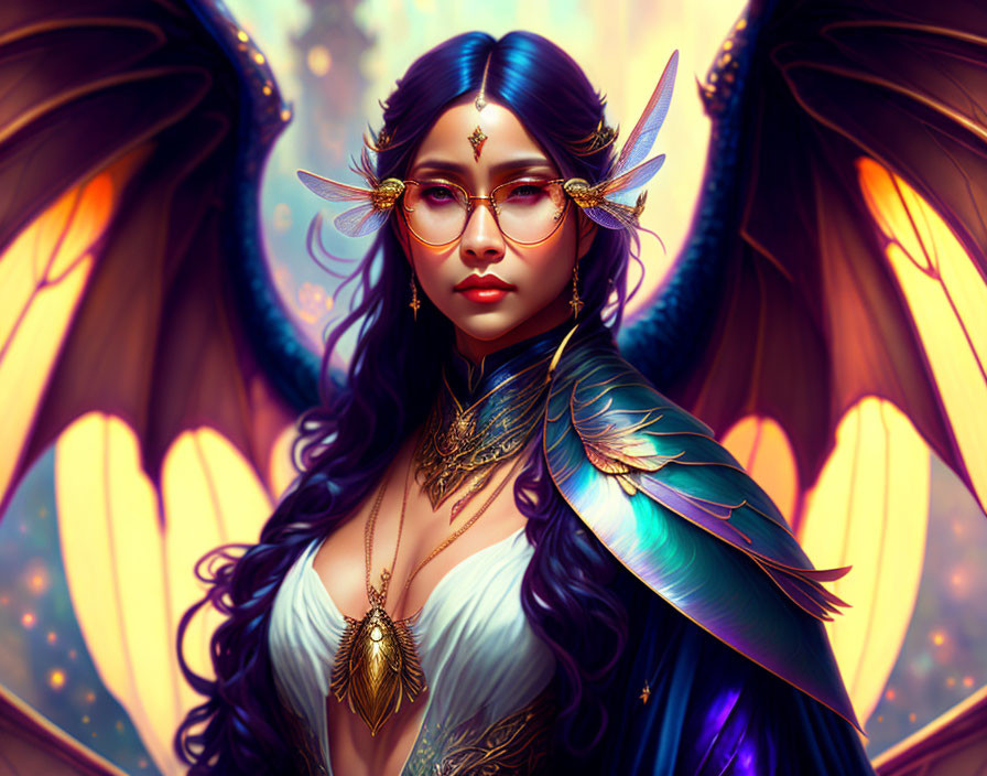 Woman with Dragon-Like Wings and Golden Jewelry in Majestic Portrait