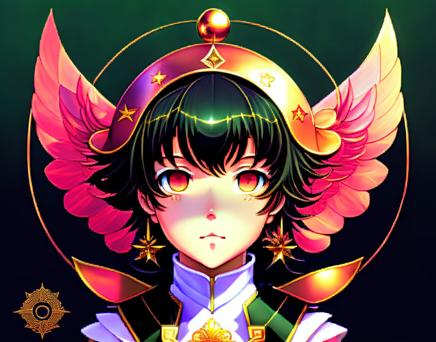 Anime character with black hair, red eyes, golden halo, and wings on dark backdrop