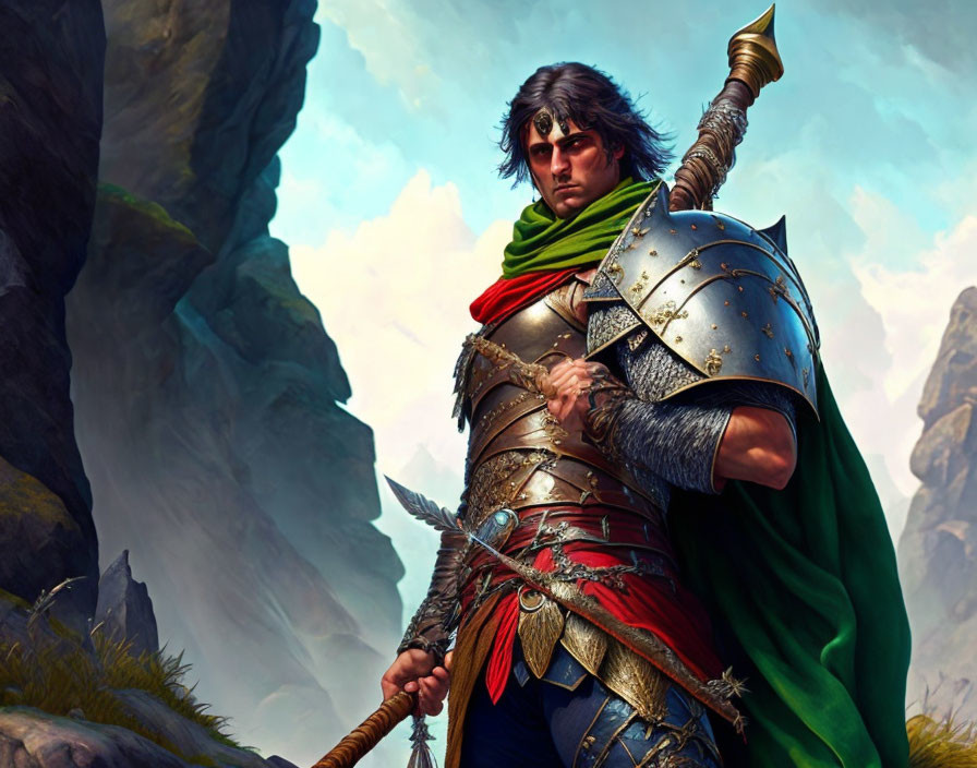 Fantasy warrior digital art: dark-haired, silver armor, red sash, green cloak, spear