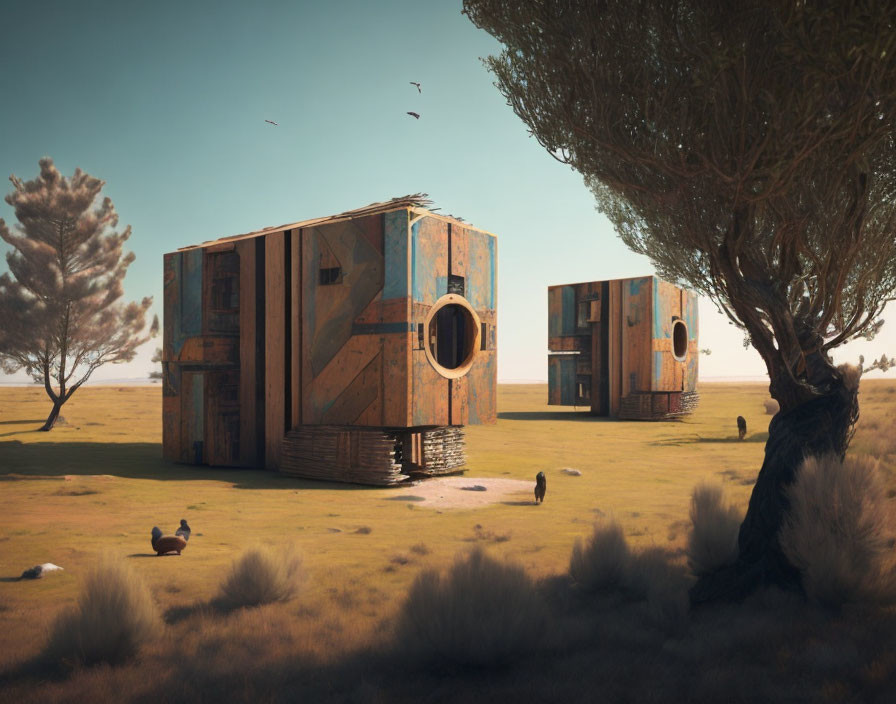 Futuristic cubic structures in serene savannah landscape