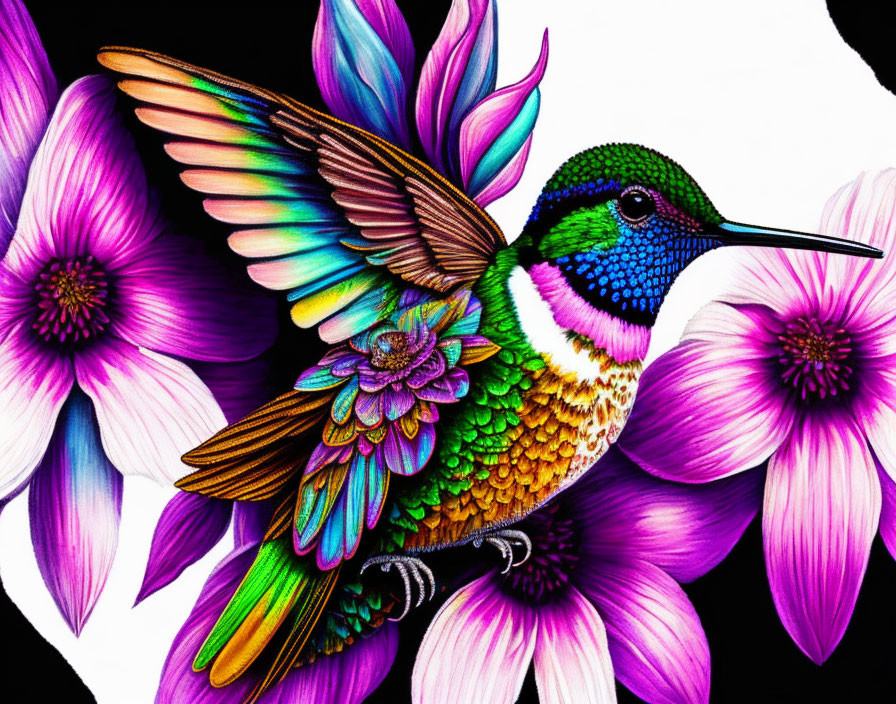 Colorful Hummingbird Artwork Among Flowers on Black Background