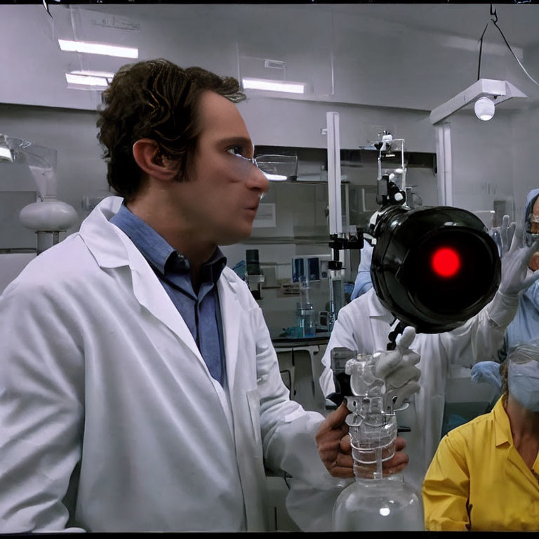 Lab coat person observes red-light device in laboratory with colleagues