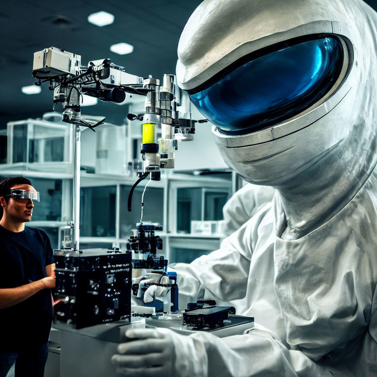 Person in Cleanroom Suit Works on Intricate Machinery in Advanced Laboratory