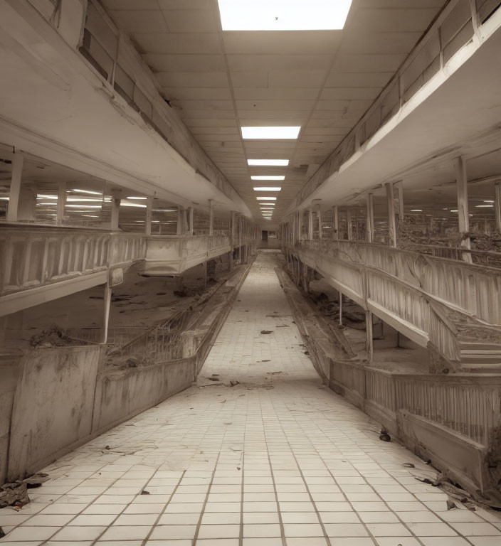 Deserted supermarket interior with dusty shelves and strip lighting