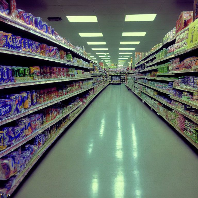 Supermarket aisle with colorful packaged goods on shelves