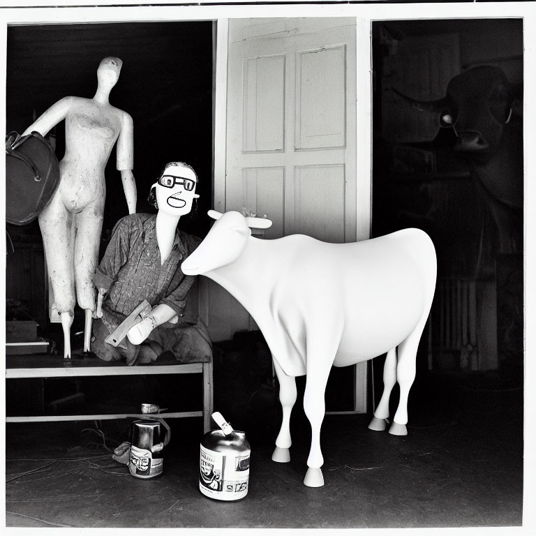 Monochrome photo of person with paintbrush, mannequins, cow sculpture