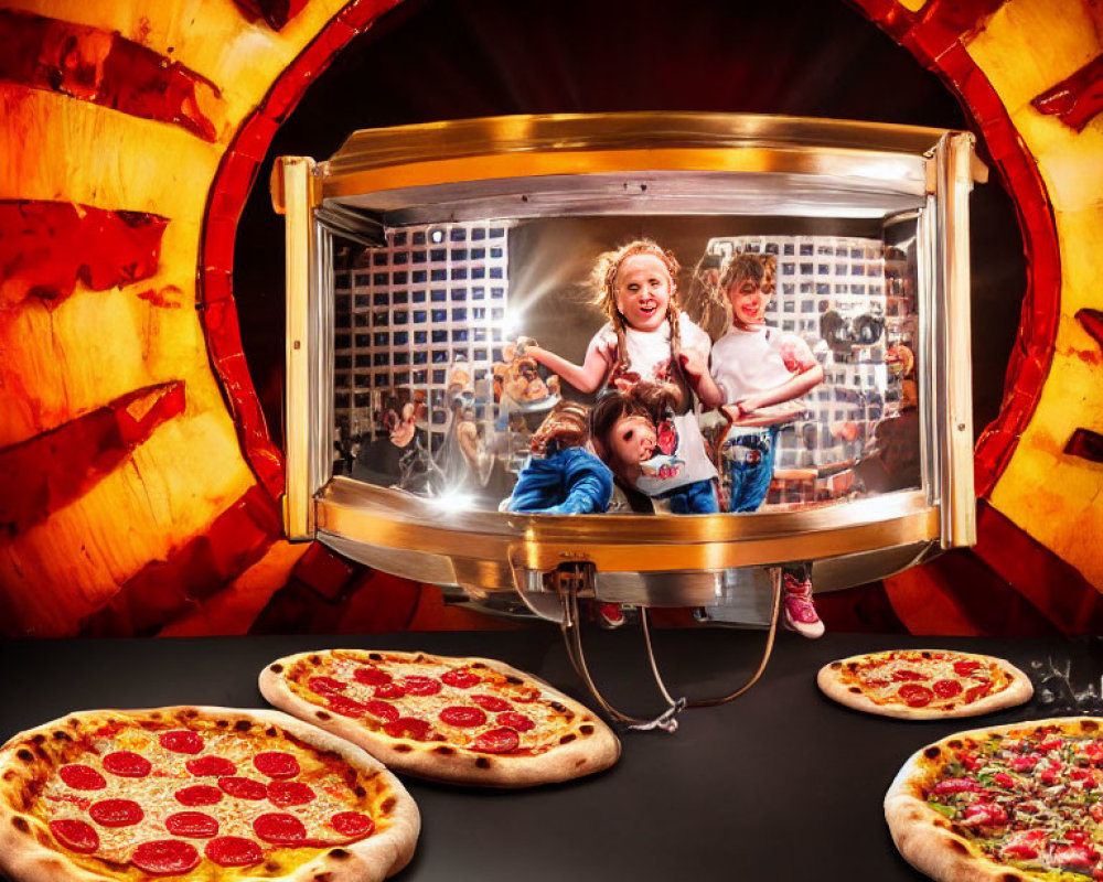 Three Children Watching Pizzas in Spinning Oven