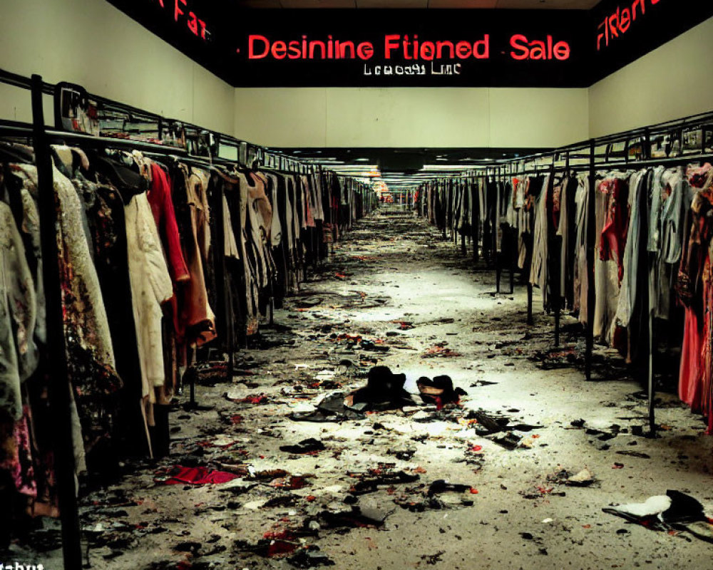 Desolate Clothing Store with Scattered Garments and Faded Sale Signs