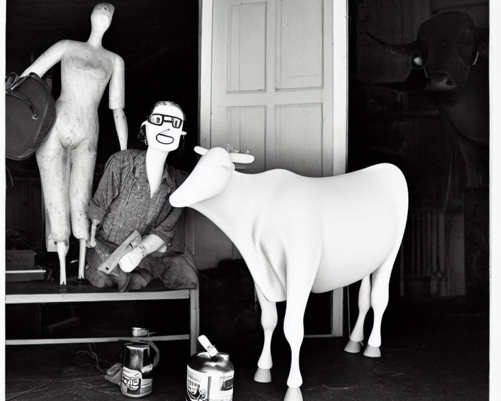 Monochrome photo of person with paintbrush, mannequins, cow sculpture