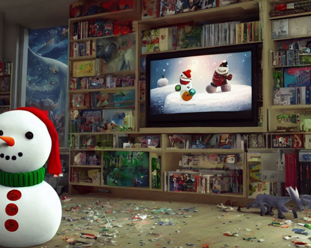 Cozy room with toys, books, snowman decoration, and TV screen showing animated snowman