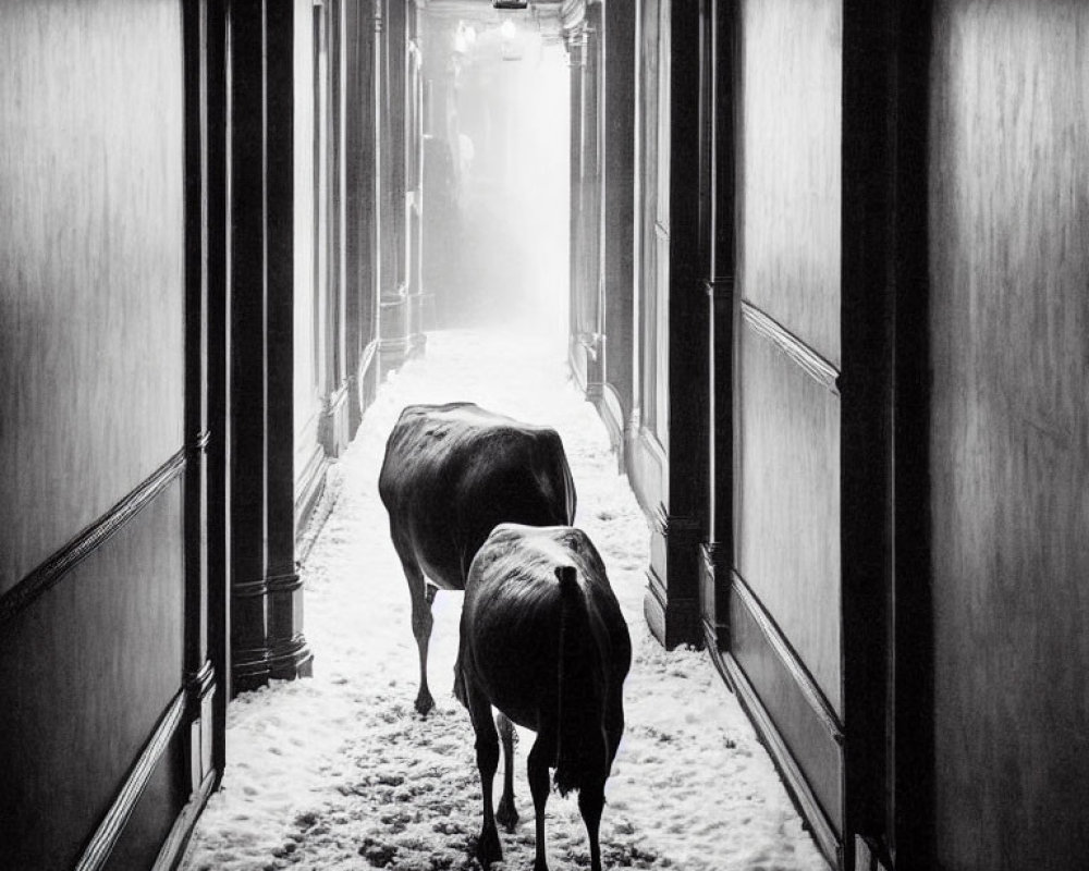 Large animals in ornate hallway with carpet and dim lighting