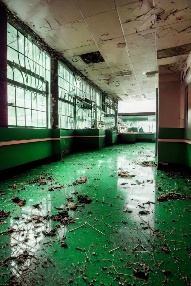 Deteriorating interior space with green floors and walls, broken windows, and scattered debris