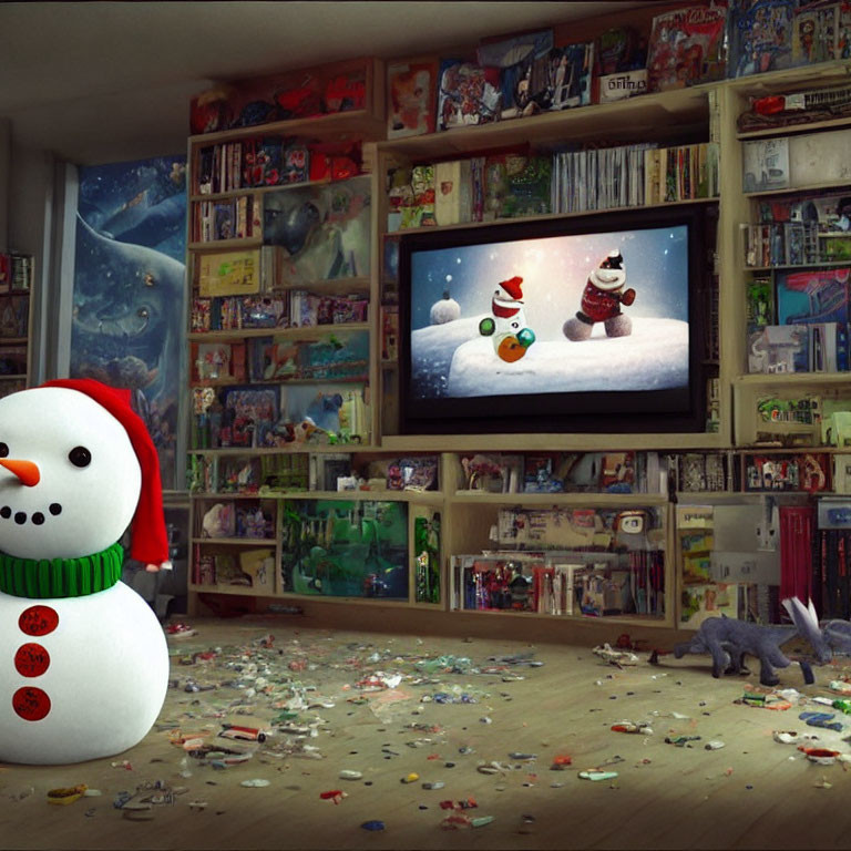 Cozy room with toys, books, snowman decoration, and TV screen showing animated snowman