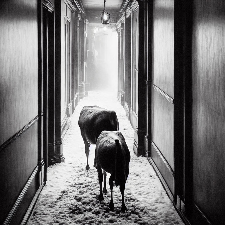 Large animals in ornate hallway with carpet and dim lighting