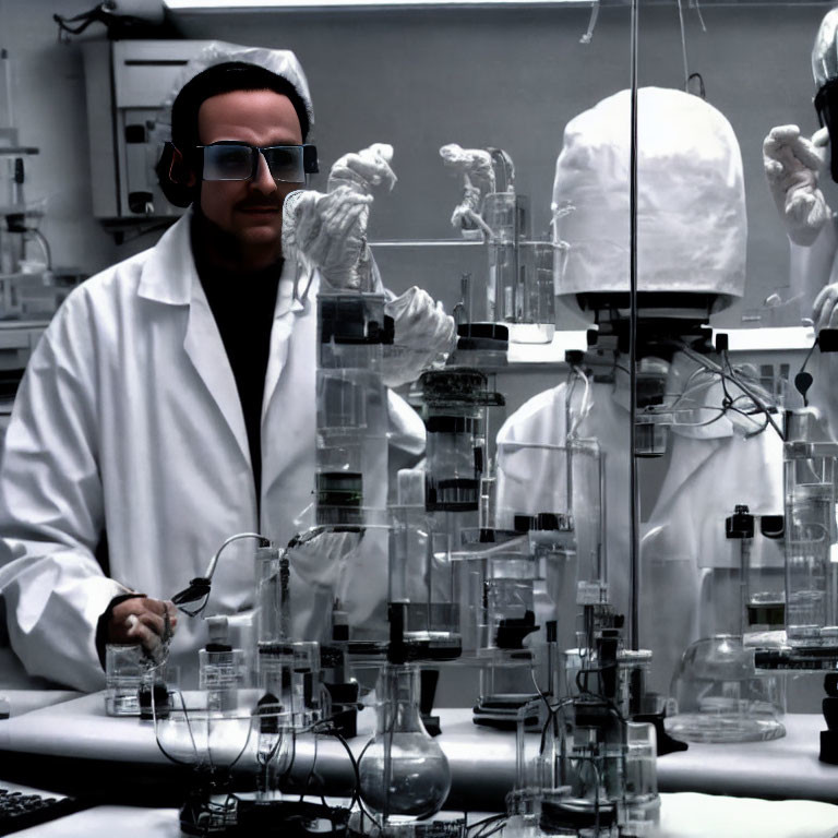 Scientist in lab coat and sunglasses using glassware in laboratory